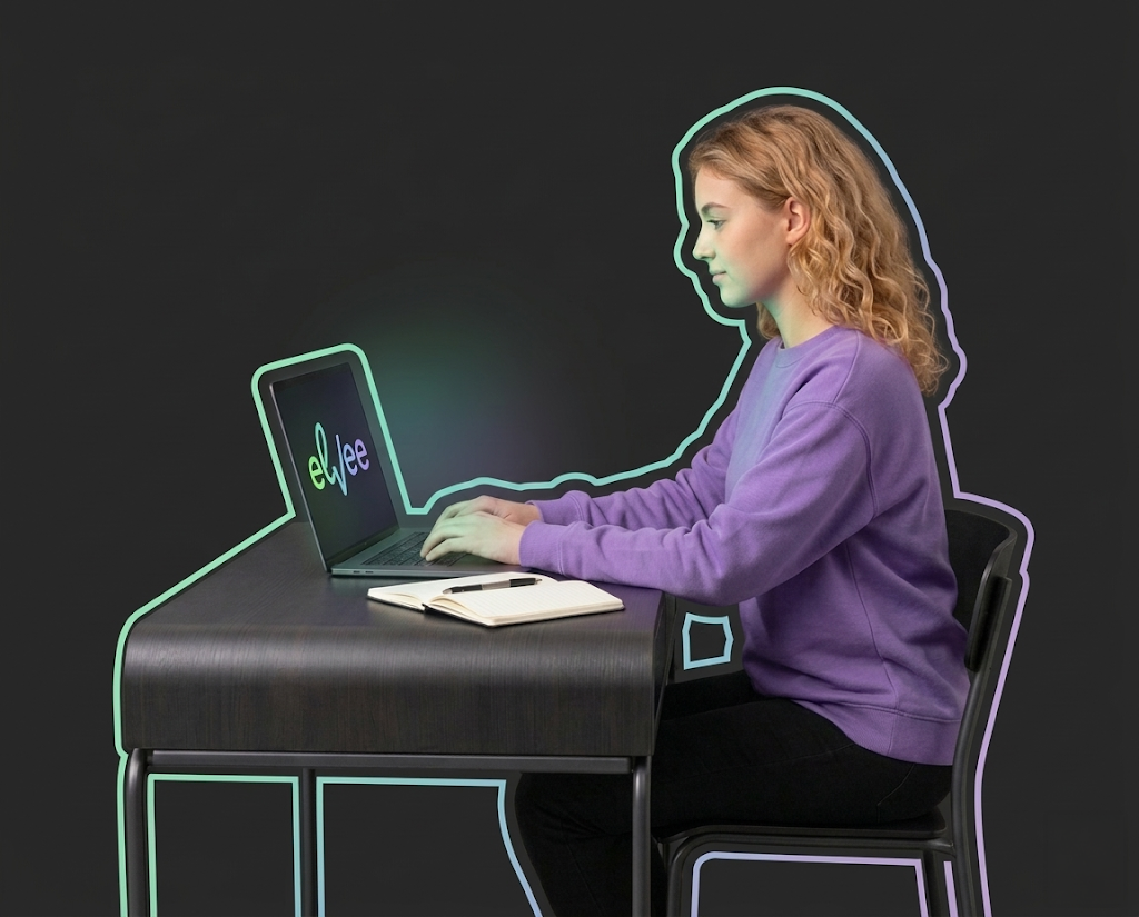 Student working on laptop with glowing Elvee logo